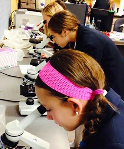 Kids looking through microscopes